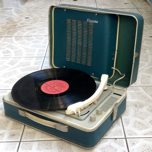 Turntable Vintage Record player portable - Working - Teal - Blue Retro player - made in 60s - Working