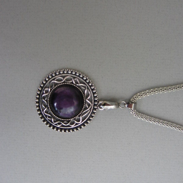 Purple Stone and Antiqued Silver Filigreed Pendant Necklace.