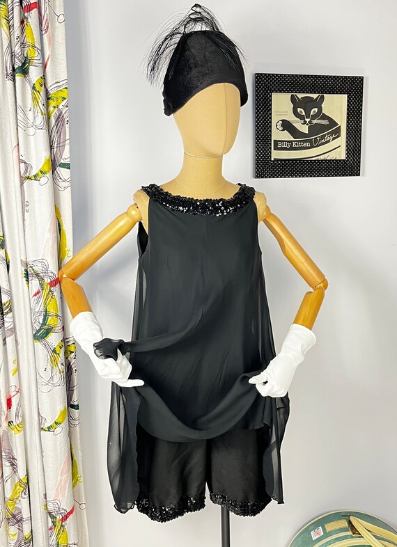 1960s Chiffon Trapeze Dress Playsuit with Sequins… - image 3