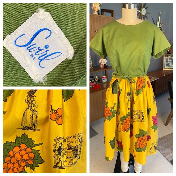 1950's Swirl Wrap Dress Novelty Wine Making Print