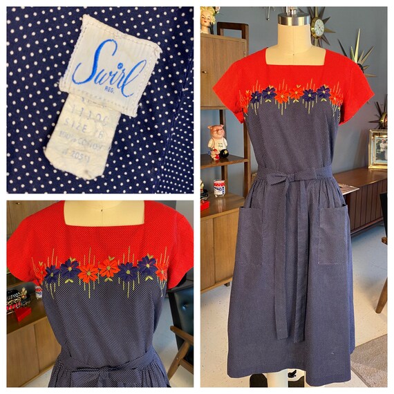 Adorable Blue and Red Dot 1950s Swirl dress with E