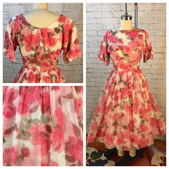 1950's Pink Roses Chiffon Party Dress Size S