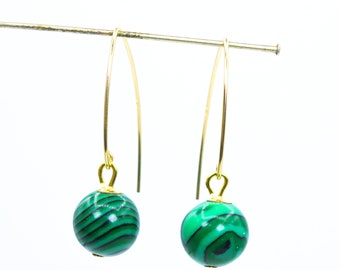 gold malachite earrings, malachite dangle earrings, elegant gold earrings, malachite earrings for women, gold filled earrings