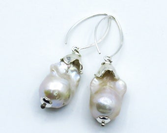 baroque pearl earrings, baroque pearl statement drop earrings, white baroque pearl dangle earrings, unique statement earrings