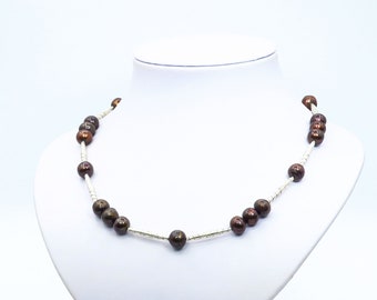 brown pearl necklace, elegant pearl necklace, minimal pearl necklace, brown gemstone necklace, brown beaded necklace, present for wife
