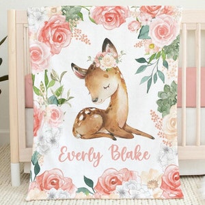 Peach Floral Deer Blanket, Girl Woodland Deer Baby Blanket, Personalized Girl Name Blanket, Floral Girl Blanket, Woodland Animal Nursery