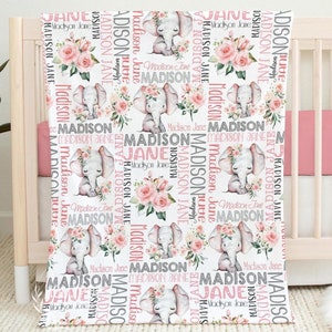 Personalized Baby Girl Blanket, Baby Name Blanket, Elephant Baby Girl Blanket, Pink Floral Rose Elephant Baby Blanket, Baby Girl Gift Pink
