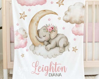 ELEPHANT BABY BLANKET, Personalized Girl Name Blanket, Moon Elephant Baby Girl Blanket, Elephant Clouds Girl Baby Blanket, Baby Shower Gift