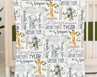 PERSONALIZED BABY BOY Blanket, Safari Name Blanket Baby Boy, Custom Boy Safari Animals Blanket, Baby Boy Gift, Custom Baby Animals Blanket