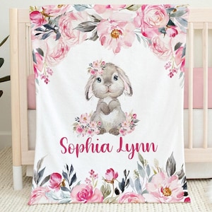 Pink Floral Bunny Blanket, Girl Bunny Rabbit Blanket, Baby Girl Name Blanket, Personalized Baby Name Blanket, Custom Toddler Girl Blanket