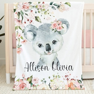 Baby Girl Koala Blanket, Personalized Girl Name Blanket, Floral Koala Bear, Pink Green Floral, Koala Bear Rose Blanket, Baby Shower Gift