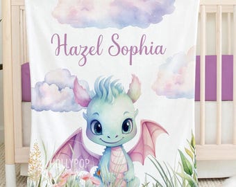 GIRL DRAGON BLANKET, Personalized Toddler Girl Blanket, Dragon Baby Name Blanket, Gift for Toddler Girl Birthday Gift, Dragon New Baby Gift