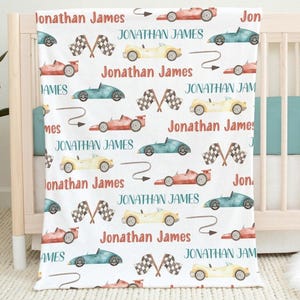 Personalized Race Car Baby Blanket, Baby Boy Custom Name Blanket, Red Race Car, Racing Theme Nursery Blanket, Baby Boy Gift, Boy Car Blanket