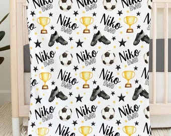 Personalized Soccer Blanket, Fleece Minky Sherpa Throw, Baby Boy Name Blanket