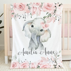 Personalized Baby Name Blanket, Pink Floral Elephant Blanket, Baby Girl Name Blanket, Floral Baby Name Blanket, Custom Name Baby Shower Gift