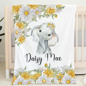 Personalized Daisy Elephant Baby Girl Blanket, Floral Elephant Blanket, Yellow White Daisies, Daisy Baby Name Blanket, Newborn Girl Gift