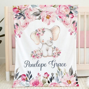 Pink Floral Elephant Blanket, Baby Name Blanket, Personalized Pink Girl Blanket, Newborn Baby Girl, Custom Name Baby Shower Gift, Baby Gift