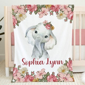 Floral Elephant Blanket, Pink Baby Girl Floral Blanket, Personalized Girl Name Blanket Pink Flowers, Custom Baby Shower Gift, Girl Blanket