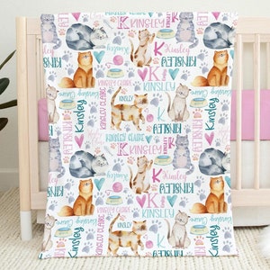 Personalized Girl Cat Blanket, Baby Blanket with Cats, Baby Girl Cat Name Blanket, Cute Cats Girl Blanket, Toddler Girl Custom Name Blanket