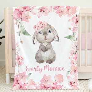 Personalized Baby Girl Bunny Blanket, Pink Floral Bunny Rabbit, Cherry Blossom Blanket, Baby Name Blanket Girl, Bunny Rabbit Baby Blanket