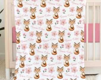 Personalized Baby Girl Fox Blanket, Pink Floral Woodland Nursery, Custom Baby Gift