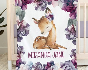 Personalized Baby Girl Floral Deer Blanket, Custom Toddler Woodland Nursery Blanket