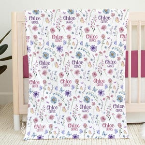 BABY GIRL WILDFLOWER Blanket, Pink Purple Wildflower Baby Blanket, Personalized Baby Name Blanket, Baby Shower Gift Wildflower Gift for Girl image 1