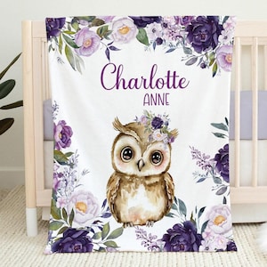 PERSONALIZED BABY GIRL Owl Blanket, Baby Animal Blanket, Purple Floral Toddler Girl Name Blanket, Owl Baby Shower Gift, Newborn Girl Blanket