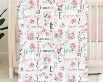 Personalized Floral Baby Blanket, Pink Nursery Name Gift, Newborn Infant Swaddle