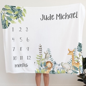 Safari Animals Baby Milestone Blanket, Personalized Baby Name Blanket Jungle Animals, Lion Elephant Rhino, Track Baby Growth, Monthly Photo