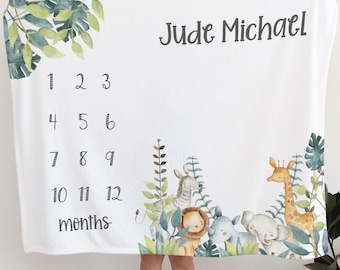 Safari Animals Baby Milestone Blanket, Personalized Baby Name Blanket Jungle Animals, Lion Elephant Rhino, Track Baby Growth, Monthly Photo