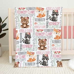 Girl Woodland Animals Baby Name Blanket, Pink Floral Woodland Baby Girl Blanket, Personalized Newborn Girl Swaddle, Fox Bear Raccoon Nursery