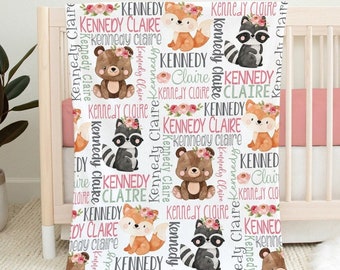 Girl Woodland Animals Baby Name Blanket, Pink Floral Woodland Baby Girl Blanket, Personalized Newborn Girl Swaddle, Fox Bear Raccoon Nursery