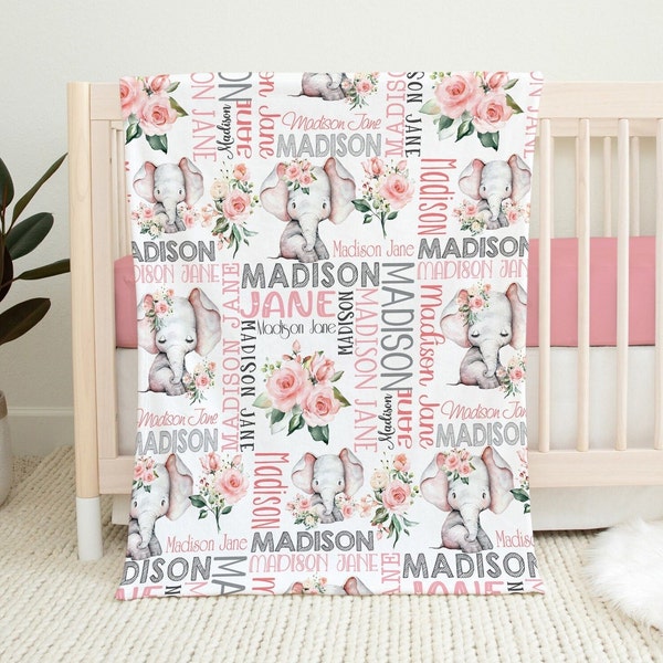 Floral Rose Elephant Baby Name Blanket, Baby Girl Pink Elephant Blanket, Personalized Girl Baby Blanket, Elephant Baby Gift, Baby Girl Gift