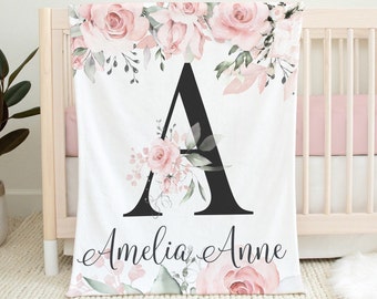 Pink Watercolor floral Monogram Baby Blanket, Baby Name Blanket for Girls, Baby Shower Gift, Personalized Baby Blanket, Floral Girl Blanket