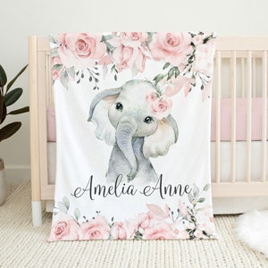 Personalized Baby Name Blanket, Pink Floral Elephant Blanket, Baby Girl Name Blanket, Floral Baby Name Blanket, Custom Name Baby Shower Gift