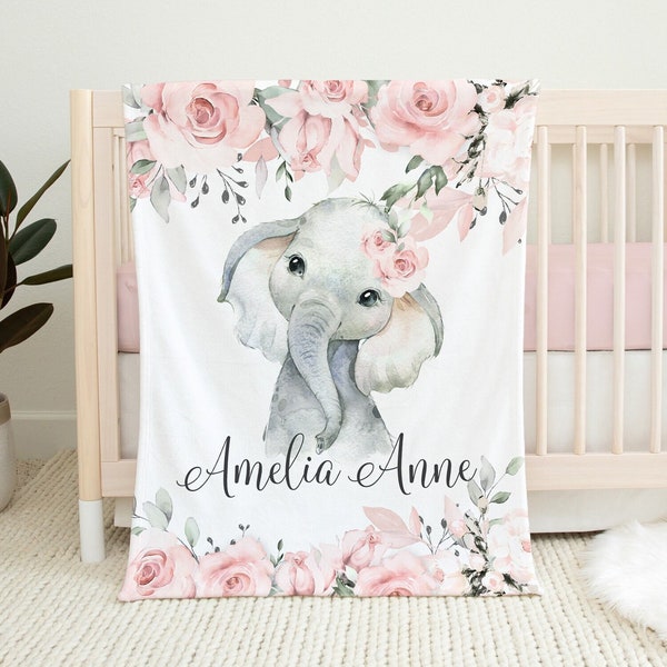 Personalized Baby Name Blanket, Pink Floral Elephant Blanket, Baby Girl Name Blanket, Floral Baby Name Blanket, Custom Name Baby Shower Gift