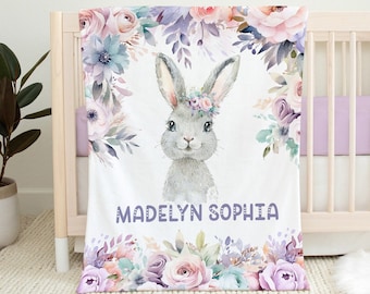 PASTEL FLORAL BUNNY Blanket, Baby Girl Blanket, Floral Girl Bunny Rabbit Blanket, Personalized Baby Name Blanket, Newborn Girl Gift Idea