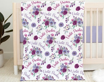Floral Girl Name Blanket, Personalized Baby Blanket, Baby Girl Flower Name Blanket, Purple Floral Blanket, Watercolor Flowers Girl Blanket