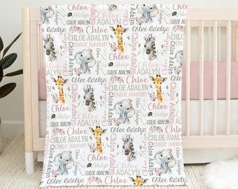 PERSONALIZED BABY GIRL Safari Animal Blanket Custom Pink Floral Safari Blanket Girl Safari Gift Elephant Zebra Giraffe Girl Name Blanket