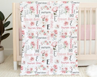 Pink Floral Baby Name Blanket, Baby Girl Personalized Blanket, Pink Rose Blanket, Newborn Girl Gift, Custom Name Infant Girl Flower Blanket