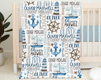 Baby Boy Personalized Nautical Blanket, Sailboat Anchor Baby Blanket, Custom Name Baby Boy Gift, Nautical Swaddle Blanket, Nautical Minky
