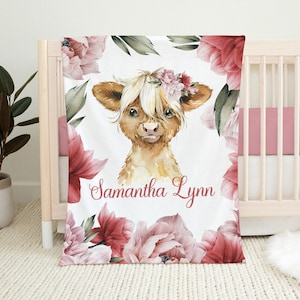 Highland Cow Personalized Baby Blanket, Floral Cow Blanket, Baby Girl Floral Highland Cow Blanket, Baby Girl Gift, Watercolor Floral Blanket