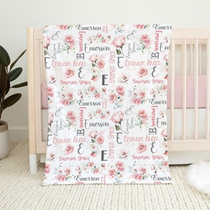 Pink Floral Baby Name Blanket, Baby Girl Personalized Blanket, Pink Rose Blanket, Newborn Girl Gift, Custom Name Infant Girl Flower Blanket