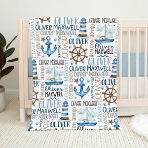 Baby Boy Personalized Nautical Blanket, Sailboat Anchor Baby Blanket, Custom Name Baby Boy Gift, Nautical Swaddle Blanket, Nautical Minky afbeelding 1