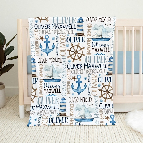 Baby Boy Personalized Nautical Blanket, Sailboat Anchor Baby Blanket, Custom Name Baby Boy Gift, Nautical Swaddle Blanket, Nautical Minky