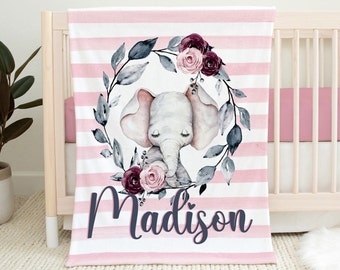 Pink Floral Elephant Blanket, Custom Baby Name Blanket, Personalized Baby Girl Blanket, Personalized Baby Gift, Baby Girl Elephant Blanket
