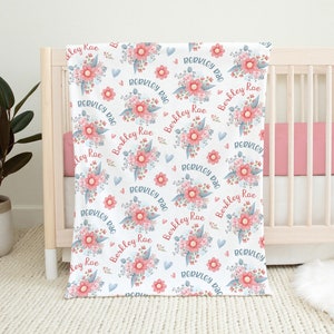 Pink Blue Floral Personalized Baby Girl Blanket, Toddler Girl Name Blanket, Custom Floral Baby Name Blanket, Newborn Girl Floral Swaddle