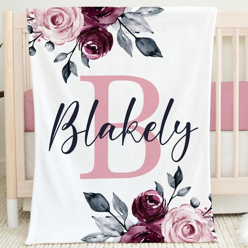 Floral Rose Name Blanket Personalized Girl Baby Blanket Baby Etsy