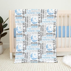 Baby Boy Blue Moon and Stars Baby Blanket, Personalized Baby Name Blanket, Blue Gray Blanket, Newborn Boy Swaddle, Baby Boy Shower Gift